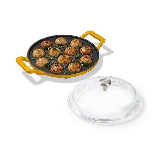 Image of CUMIN CO. Enamel Cast Iron Paniyaram Pan with Lid | 12 Cavities | 10 Yrs Warranty | Non Toxic Non Stick Pan for Appe /Paddu | Induction & Gas Compatible | Chemical Free Coating | Appe Maker | Mustard