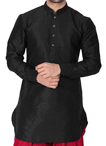 Image of Vastramay Men's Gold Curved Shape Pathani Style Silk Cotton Kurta - Mid-Length with Buttoned Cuff, Soft & Comfortable Ethnic Wear