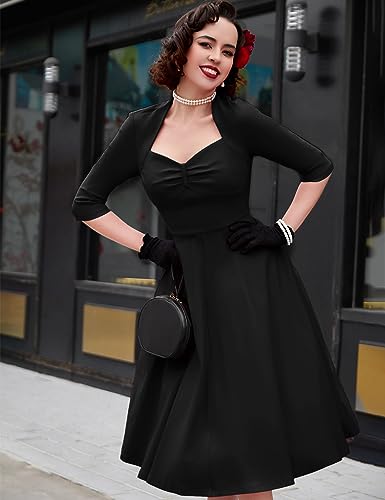 MUXXN Women's Vintage 50s 3/4 Sleeve Midi Sweetheart Neckline Wedding Guest Party Swing Dresses3