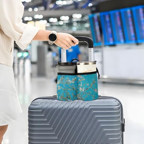 Image of Luggage Cup Holder for Suitcases Free Hands Suitcase Cup Holder Travel Luggage Drink Holder Portable Luggage Cup Caddy Bag Carrier with Handle Van Gogh Apricot Flowers