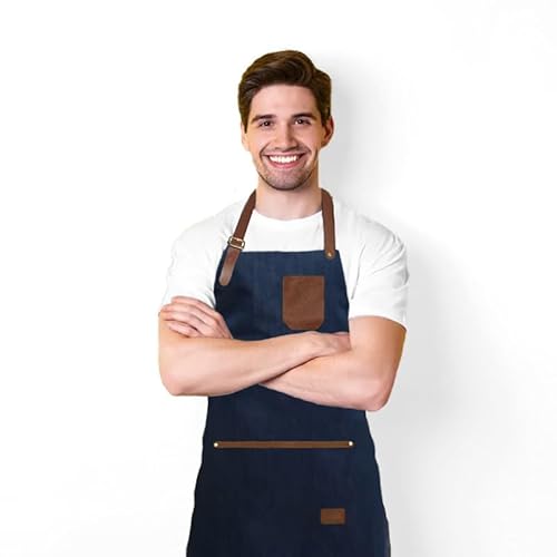 Avental Jeans e Couro Chef de Cozinha Barista Café 1 peça