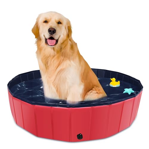 CACSPS Faltbarer Hundepool, 100 x 30,5 cm, Übergröße, Hartplastik, tragbar, Schwimmbad für Hunde, Katzen und Kinder, Haustier, Welpen-Badewanne, zusammenklappbar, Kinderpool (rot)