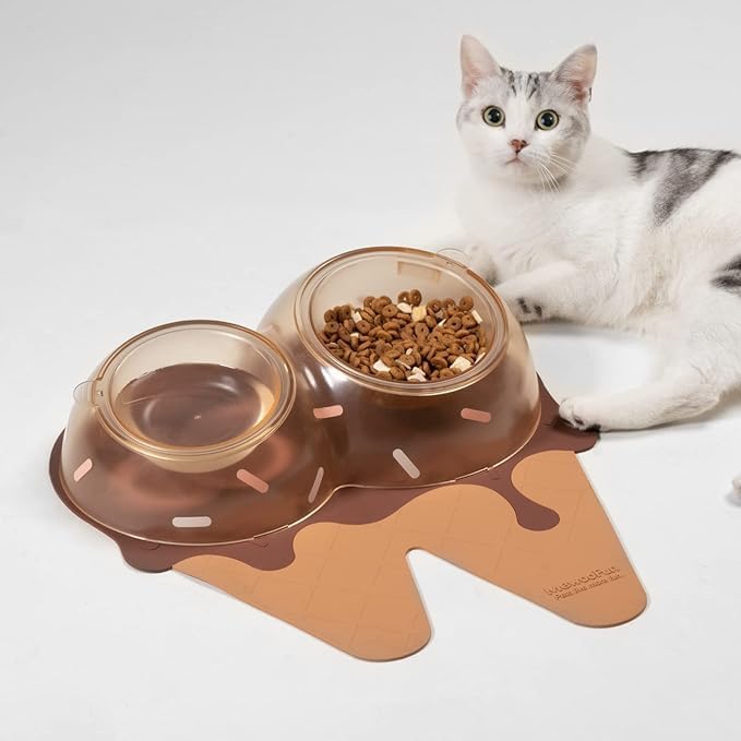AMPLIN Double Cat Bowls for Food and Water with Non-Slip PVC Mat & Silicone Spoon 15° Tilted Elevated Design Cat Food Bowls for Indoor Cat (Brown)