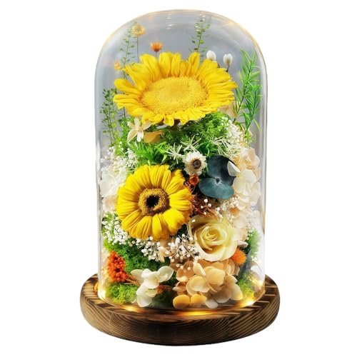 OGXNプリザーブドフラワー、仏花、ブリザーブドフラワーアレンジメント、LEDライト付き、ガラスドーム保護、永久保存可能、菊とバラのデザイン、一対セット、仏壇用・供花・法事・49日法要・お盆・お彼岸・告別式・枕花・ペット供養・喪中見舞いに対応 (ライトのな