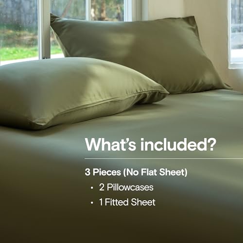 Image of DOZ Sheet Set, 100% Viscose derived from Bamboo, Organically Grown, Buttery Soft, Cooling Sheets, High GSM, Deep Pockets - 3 Piece - 2 Pillowcases 1 Fitted Sheet (Olive, King)