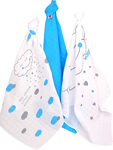 Babymajawelt® - Paños de gasa, 70 x 70 cm, 3 unidades (baberos de algodón, pañales de tela, estrellas y nubes) azul Big Dream Aqua.
