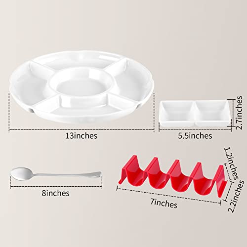 Divided Taco Platter Serving Tray Kit 5 Section White Taco Condiment Serving Platter 4 Pieces Colorful Taco Holder Stands 2 Section Dip Tray With Stainless Steel Spoon For Taco Night Mud Pie #TOP1