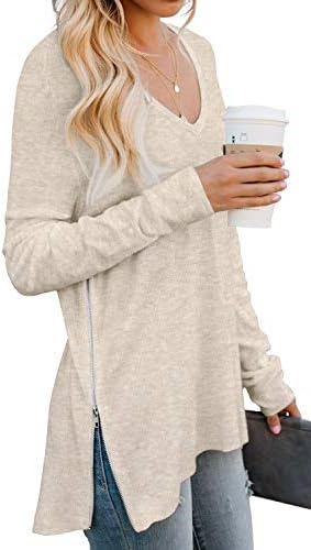 PrinStory Fall Womens Tops Casual V Neck Long Sleeves Tunic Shirt Split Top with Side Zipper