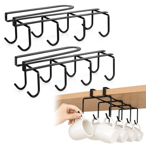 Image of Bnnrjia 2 Pcs Mug Holders for Kitchen, Mug Hooks Under Shelf, Cup Holder Under Cabinet with 8 Hooks Each, Black Cup Holder Kitchen Cupboard Organiser Cabinets, for Cups Mugs Drying Hanging