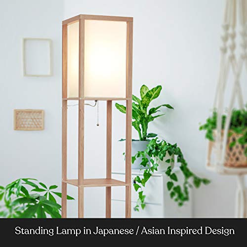 Brightech Maxwell - Modern Shelf Floor Lamp With Lamp Shade And Led Bulb - Corner Display Floor Lamps With Shelves For Living Room, Bedroom And Office - Natural Wood #TOP5