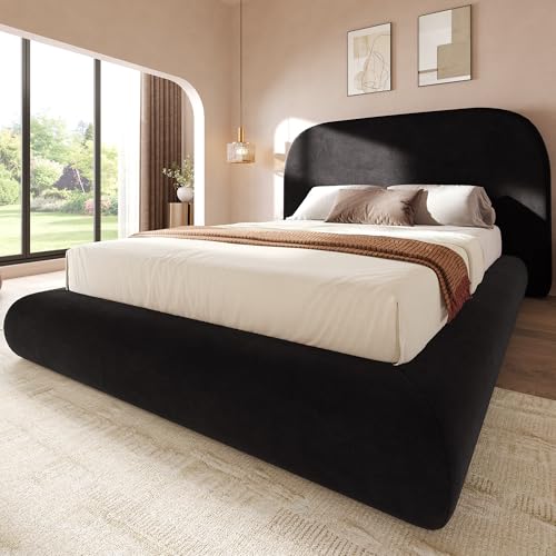 YITAHOME Queen Size Bed Frame, Velvet Upholstered Platform Bed Frame with Headboard, Soft Cloud Bed with Footboard, Rounded Corners, 10 Seconds Easy Assembly, Black (Not Include Box Spring)