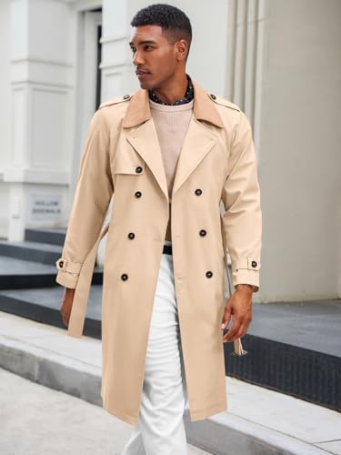 Runcati Mens Trench Coat Double Breasted Notched Lapel Long Jacket Fall Casual Classic Overcoat with Belt2