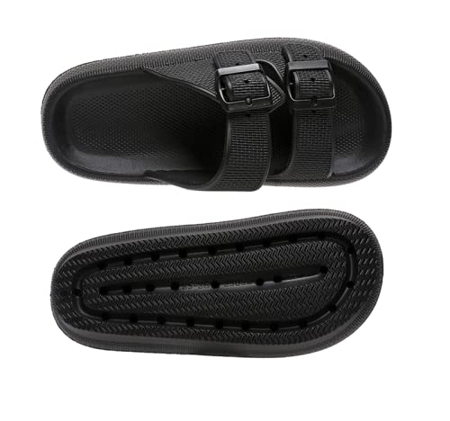 Seguritat Unisex Comfort Soft Slides, Double Buckle Adjustable Eva Flat Sandals, Lightweight Slip On House Slippers (Luminous Black 9-9.5 Women/7.5-8 Men) #TOP2