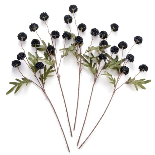 Laelfe Black Kiku Artificial Flower - 5 Pcs Fake Pompon Mums Silk Small Chrysanthemum Faux Ball Flower Stem Decor for Home Wedding Filler DIY Bouquet Centerpieces Arrangements Shower(Black)