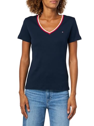 Tommy Hilfiger Women's Ribbed Slim V-Neck RWB T-Shirt, Dark Night Navy Medium