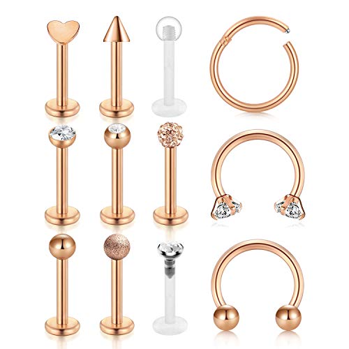 incaton Tragus Piercing Rosegold 16 Gauge Chirurgenstahl Lippenpiercing Ring Hufeisen SeptumPiercing Set 12stk thumbnail