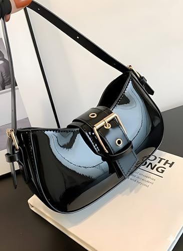Image of Korean Style Leather Shoulder Bag with Buckle Glossy Finish Crossbody Purse for Daily Use Travel & Shopping Phone Purse with Adjustable Strap Lightweight Trendy Bag for Girls
