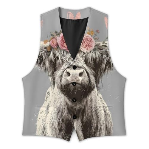 Rose Cute Highland Cow Men's Suit Vest Slim Fit Business Dress Party Pattern Waistcoat Vest Top3