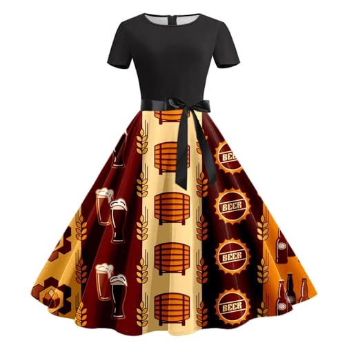 Generisch Dirndl Damen Midi Trachtenrock Dirndlkleid Damen Sommerkleid, lässig, Rundhalsausschnitt, kurzärmelig, Abnehmbarer Gürtel,...