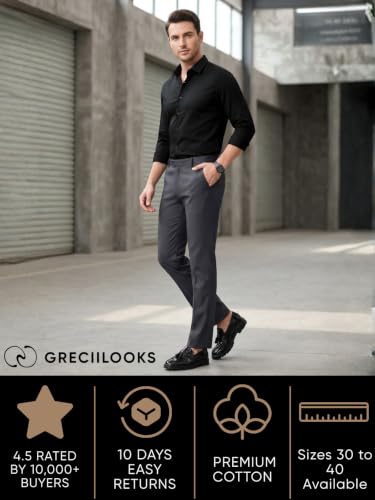 Image of GRECIILOOKS Men's Formal Cotton Blend Trousers, Slim Fit Office Wear Pants with Button Closure, Wrinkle Resistant Smart Casual Workwear Bottoms