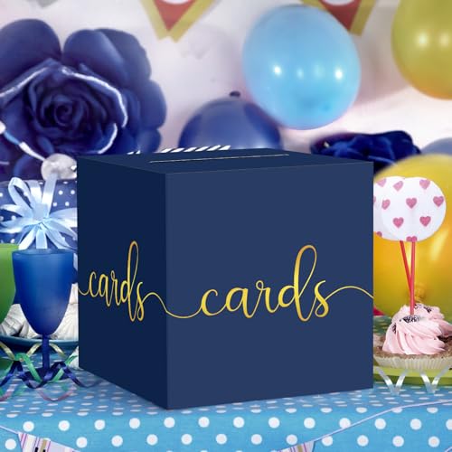 Image of Hooqict Navy Blue Card Box with Slot 9.1 inch Gold Foil Gift Card Box for Party, Graduation, Wedding Reception, Birthday, Retirement, Baby Shower, Raffle Ticket Money Envelope Holder