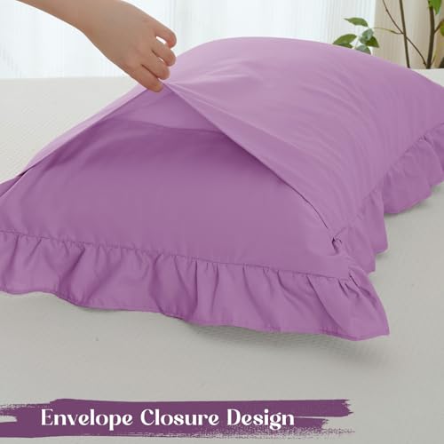 Image of Homiest 3-Pieces Ruffle Pillow Case & Fitted Sheet Set, Lavender Full Sheets with 2 Ruffled Pillow Shams, 15 Inch Deep Pocket, Cute & Coquette Microfiber Bed Set for Decorating Bedroom Hotel
