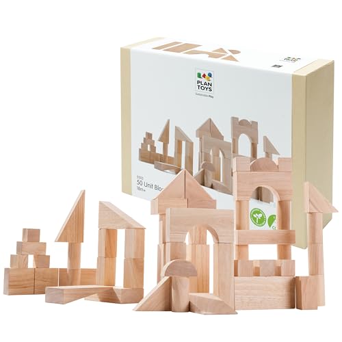 Image of PlanToys Wooden 50 Piece Unit Block (35 mm) Building Set (5502) | Sustainably Made from Rubberwood and Non-Toxic Paints and Dyes | PlanNatural Classic Wooden Toy Collection