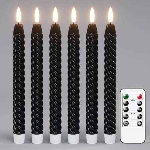 Image of Black Flameless Taper Candles Halloween Flickering with Remote Timer, 3D Wick LED Spiral Horror Party Candles Battery Operated 6 Pack Real Wax Home Halloween Decor(0.78 X 9.8 Inchs)