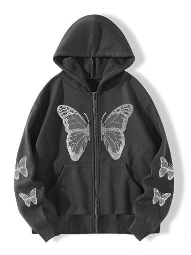 Aobiono Women Men Y2K Zip Up Oversized Hoodie Butterfly Skeleton Rhinestone Gothic Emo Grunge Alt Graphic Baggy Fleece Jacket2