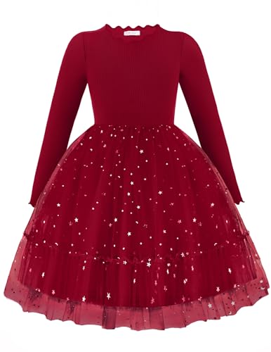 Arshiner Mädchen Kleider Tüll Glitzer Langarmkleid Kinder Faltenkragen A-Linie Partykleid Festliche Herbst Winter Freizeitkleid für Mädchen 5-6 Jahre Rot
