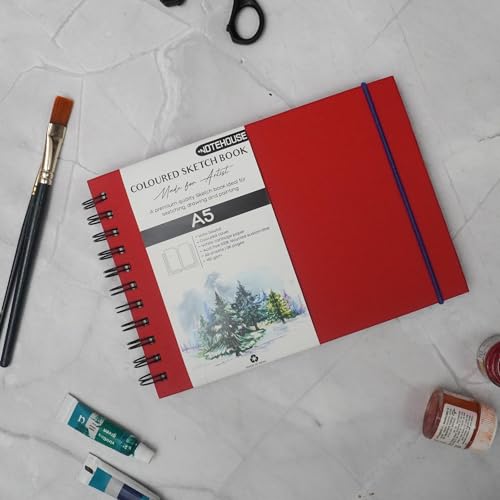 Image of NOTEHOUSE A5 Landscape Spiral Sketchbook (14x21 cm) | 96 Unruled White Thick Pages | Professional Drawing Notebook | Red Hard Cover Art Book for Artists & Students