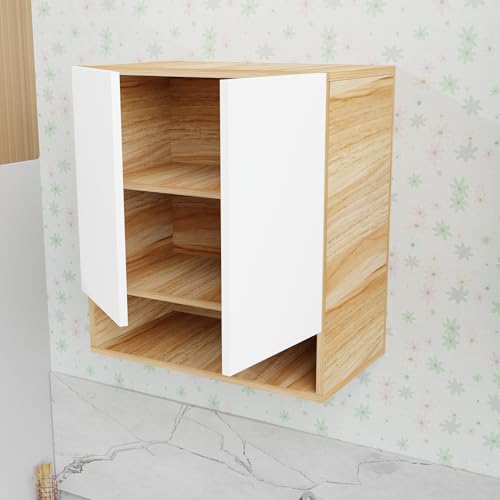Image of 2 Door Multipurpose Wall Mounted Cabinet with Adjustable & Fixed Shelf | Storage for Kitchen, Bathroom, Office & Living Room | Assembly-DIY | Color-Asian Light & White | Size-60x33x63.8 Cm