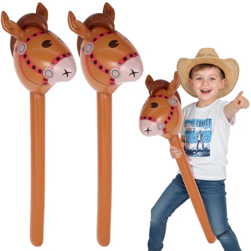 2 Pcs Inflatable Horse Head Balloons 37 Inch Brown Inflatable Horse Stick Balloons Pony Stick Blow up Balloon for Western Cowboy Baby Shower Birthday Party Decorations (Brown-2 Pcs)