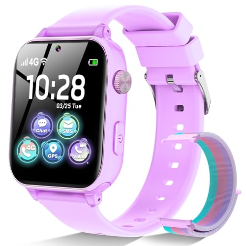 Smartwatch Kinder 4G - Smart Watch Uhr für Mädchen Jungen mit GPS, Telefon Anruf, Videoanrufen, Chat, SOS, Spiele, Schrittzähler, Wecker, Kinderuhr Telefonieren für Kids 4-12 Jahre Geschenk, Violett