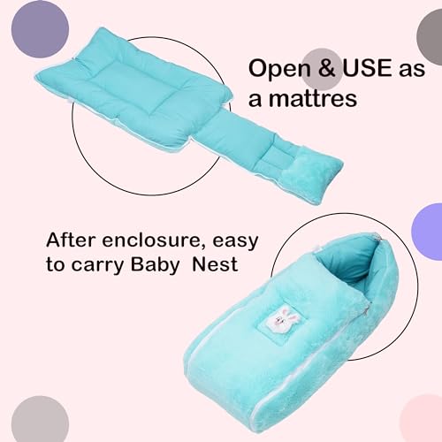 Image of VoiDrop Baby Carry Bed Cum Sleeping Bag 2 in 1 for New Born Babies (0-12 Months) Baby Fur Material Portable Travelling Bed for Infants (Velvet-Sea Green)