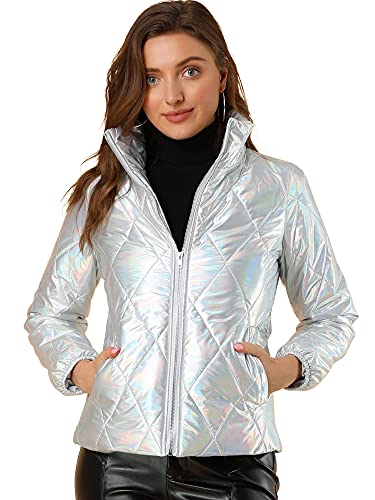 Allegra K Women's Christmas Puffer Jacket Holographic Shiny Metallic Jacket