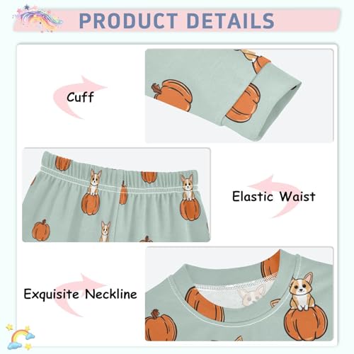 Fustylead Cute Corgi Sitting on Pumpkins Long Sleeve Top and Matching Bottom Cotton Pajama Sets4