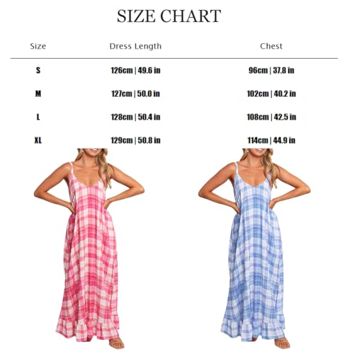 Image of LASPIA Spaghetti Strap Dresses for Women Plaid V Neck Maxi Sundress Beach Long Dress with Pockets