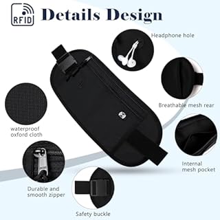 Sofore Hidden Traveling Bumbag Moneybelt Wallet for Women Men,Passport Money Belt Waist Belt with RFID Blocking Technology,Waist Travel Wallet for Passport Holder Cash Phone,Black