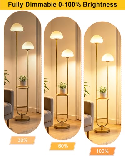 Image of 2-Light Gold Dimmable Floor Lamp with Table, Modern Floor Lamps for Living Room, 3000K Warm White Tall Standing Lamp with Mushroom Shades & Bulbs for Bedroom /Office