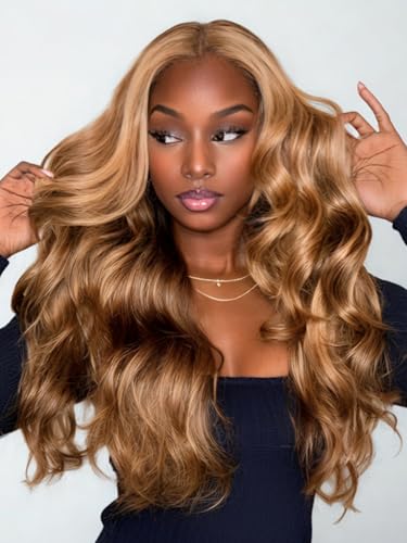 Image of Sunber Honey Blonde Highlight Loose Body Wave Glueless Human Hair Wigs 20 inch | Curtain Bangs Bye Bye Knots Pre Cut 7x5 Lace Frontal Wig with Drawstring 3S Pull On and Go Pre Bleached 150% Density