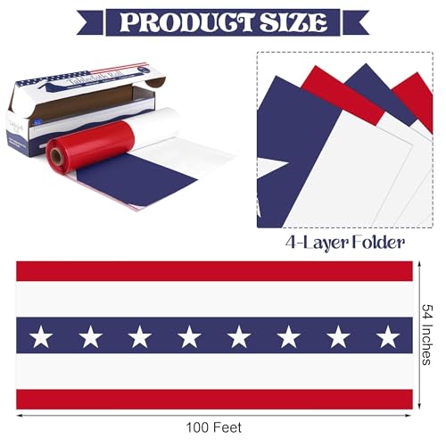 Image of Kochorie 100 Ft x 54 Inch 4th of July Tablecloths Roll with Slide Cutter Box Patriotic Disposable Plastic Table Cover Roll Independence Day Backdrop for Memorial Day Party Supplies