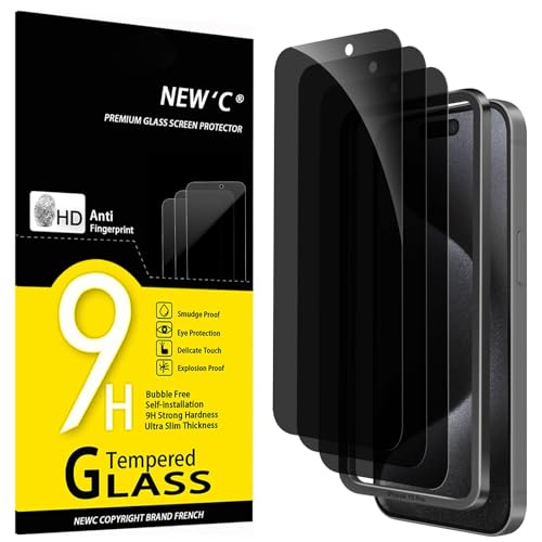 NEW'C 3 Pack Privacy for iPhone 15 Pro Screen Protector (6.1 inches), Anti-Spy Tempered Glass Film,Case Friendly Ultra Resistant,Balanced 28-Degree Privacy Angle - Easy installation tool included