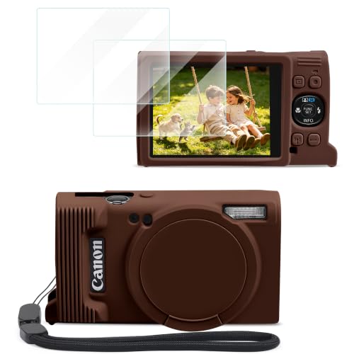 Frevyve Case for Canon PowerShot ELPH 360/IXY 650 Camera Soft Silicone Protective Case Slim Fit Sleeve with Removable Lens Cover Screen Protector and Wrist Strap Accessories Anti-Scratch - Brown