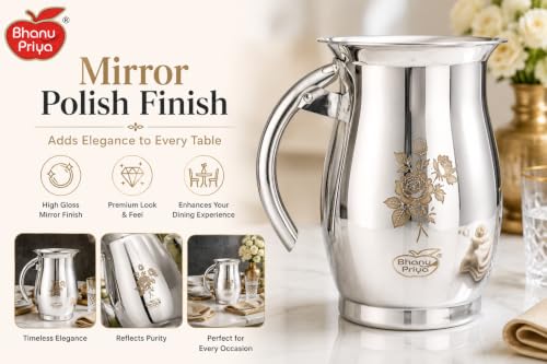 Image of Bhanu Priya Stainless Steel Deluxe Laser Water Jug 2.5 L | Mirror Polish Steel Jug | Floral Laser Engraving | Wide Mouth | Strong Riveted Handle | Water, Juice, Milk & Lassi Jug| 2.5 L