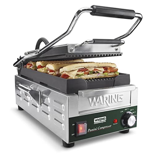 Waring Commercial WPG200 Panini Compresso Slimline Ribbed Grill, 120V, 1800W, 5-15 Phase Plug