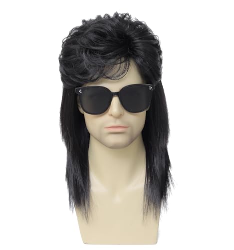 Image of Men's Black Mullet Wig 70s 80s Retro Costume Wig for Adult Men Halloween Fancy Dress Party Cosplay Hair Accessory (Black)