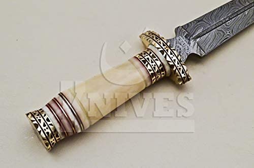 NoonKnives: Hand Made Damascus Steel Collectible Knife Handle Camel Bone with Brass Inserts (White)