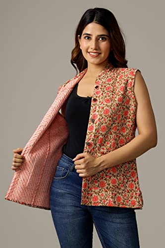 Image of Ravaiyaa - Attitude is everything Women's Floral Printed Reversible Quilted Jacket Coat Blazer Jacket Sleeve Less Waistcoat
