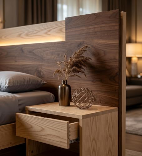Image of King Size Engineered Wood Platform Bed, Ramonda Style | LED Fitted Headboard, Side Tables with Storage, Brown Finish